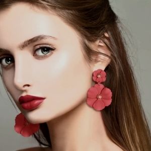 Dark Rose Pink Double Flower Earrings 2.5" Big Floral Statement Jewelry Flowers